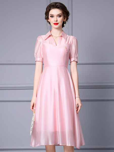 Pink dress, summer high waisted, belly covered shirt collar, A-line large hem skirt, 2024 new model