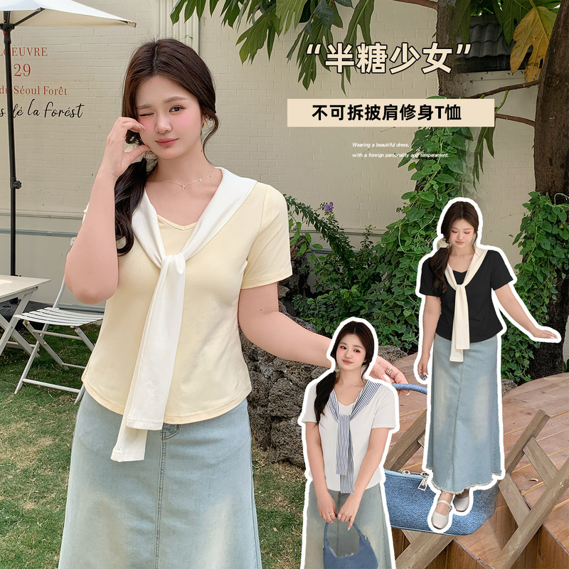 Inno Plus-Size Women's Fashion Design Fake Two-Piece Short-Sleeve T-Shirt 2026 Summer Korean Style Simple Versatile Top 214407