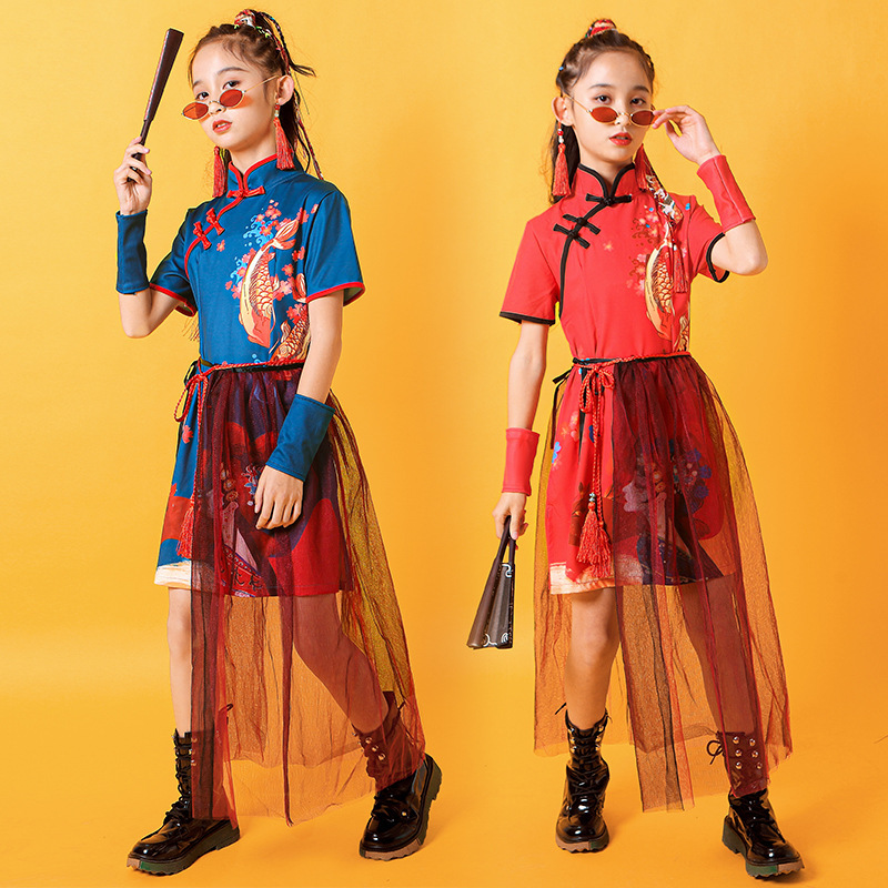 Children Chinese folk classical dance costumes red qipao dress gogo dancers rapper dance wear Chinese wind teenage dance clothes walking cheongsam tide dresses for girls