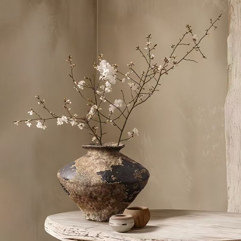 Retro Wabi-Sabi Style Handmade Old Mottled Texture Ceramic Vase Living Room Entrance Hotel B&B Office Decoration