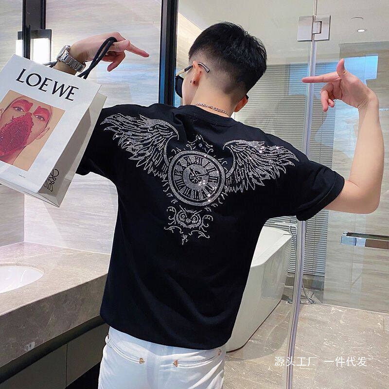 Short-Sleeve T-Shirt for Men, Slim Fit, 2025 New Style, Trendy Brand, Ins-Style Rhinestone Half-Sleeve Men's Clothing