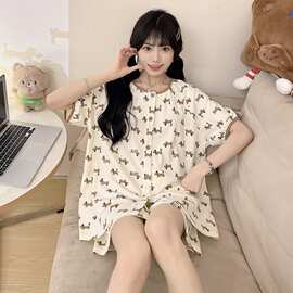 6040棉#睡衣女款夏天宽松短袖短裤夏季春秋少女士家居服套装翻领