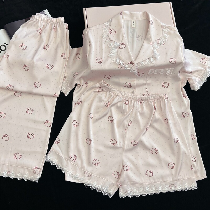 2026 Summer Ice Silk Three-Piece KT Cat Pajamas Lace Cute Women's Set Long Pants Short Sleeve Home Wear Wholesale