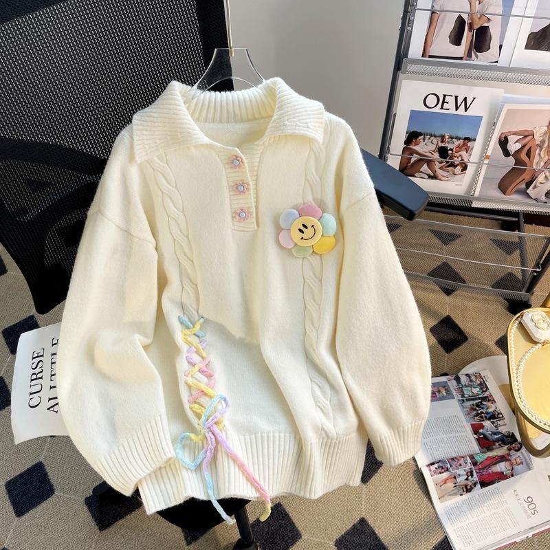 学院风软糯小清新polo领套头毛衣女秋冬外穿笑脸花朵系带针织上衣|undefined