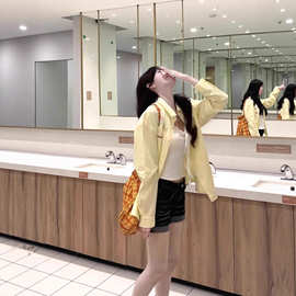 国潮牌宽松黄色条纹立体花朵刺绣衬衫外套女春夏款防晒长袖上衣