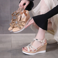 2025新款夏季民族风凉鞋女内增高8cm厚底高跟鞋手工编织坡跟女鞋