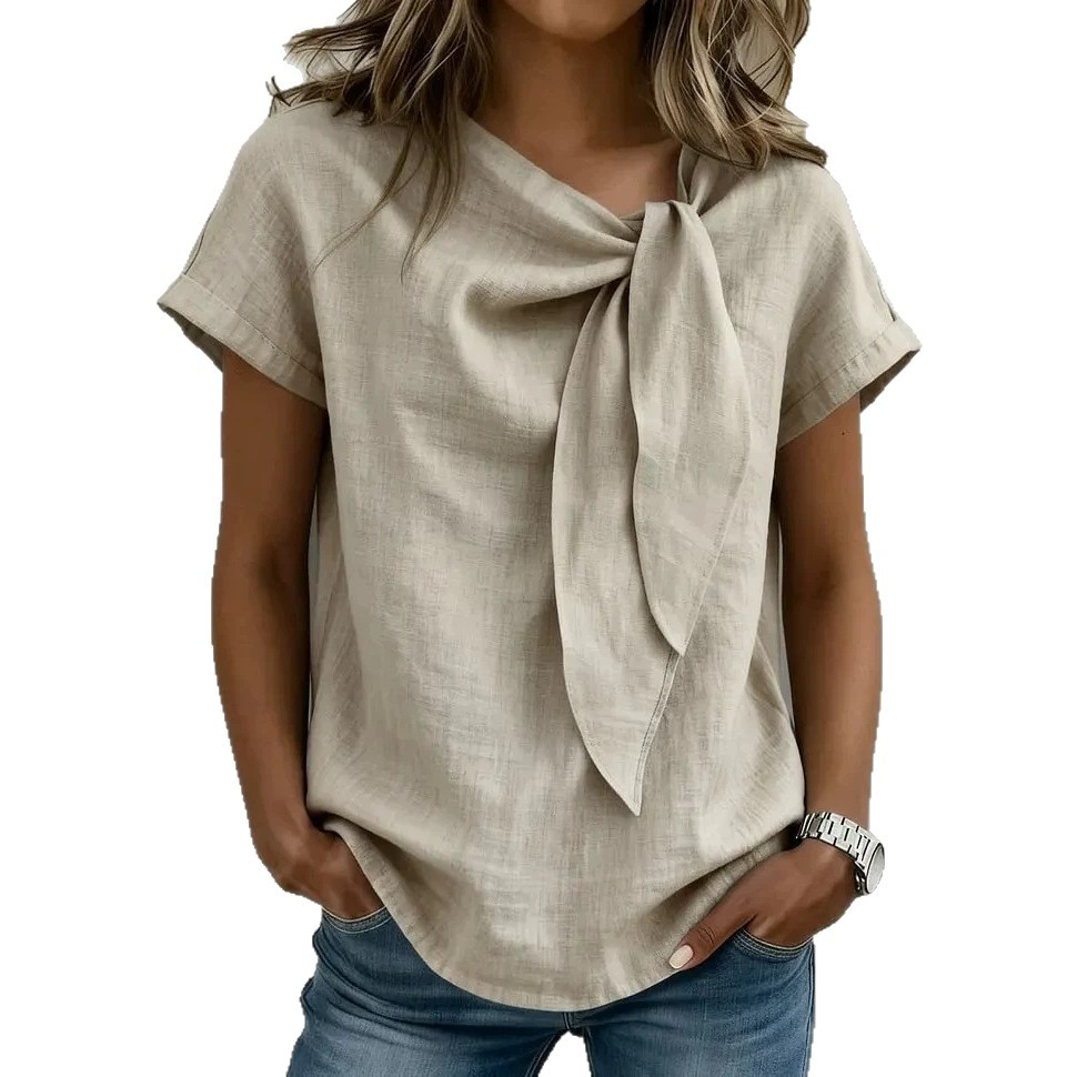 Elegant Women's Cotton Linen Blouse Bow Detail Casual Shirt Comfortable Fashionable Twist Top for Ladies_ecoleips.com