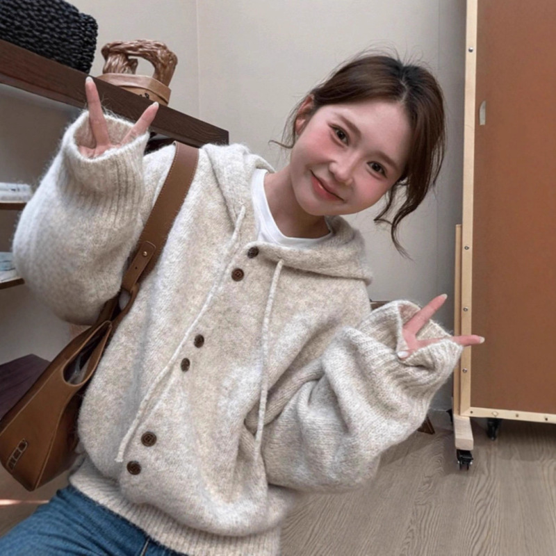 软糯连帽宽松毛衣针织开衫外套女秋冬2025新款慵懒风高级感上衣潮|undefined
