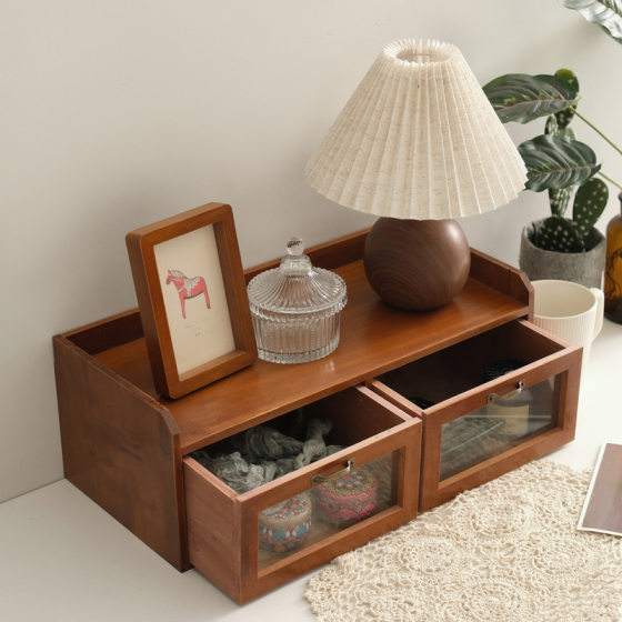 Vintage Solid Wood Desktop Storage Cabinet Transparent Window Drawer Storage Rack Dustproof Cosmetic Storage Rack