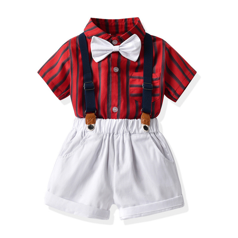 Verano para niños coreanos con collar rayado corbata de manga corta cardigan con pantalones de dos piezas de vestido de boda para niños modelado