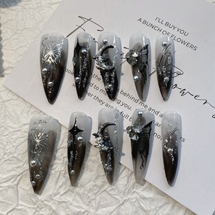 Gothic dark punk style metal liquid butterfly high-grade handmade wear nail detachable finished manicure