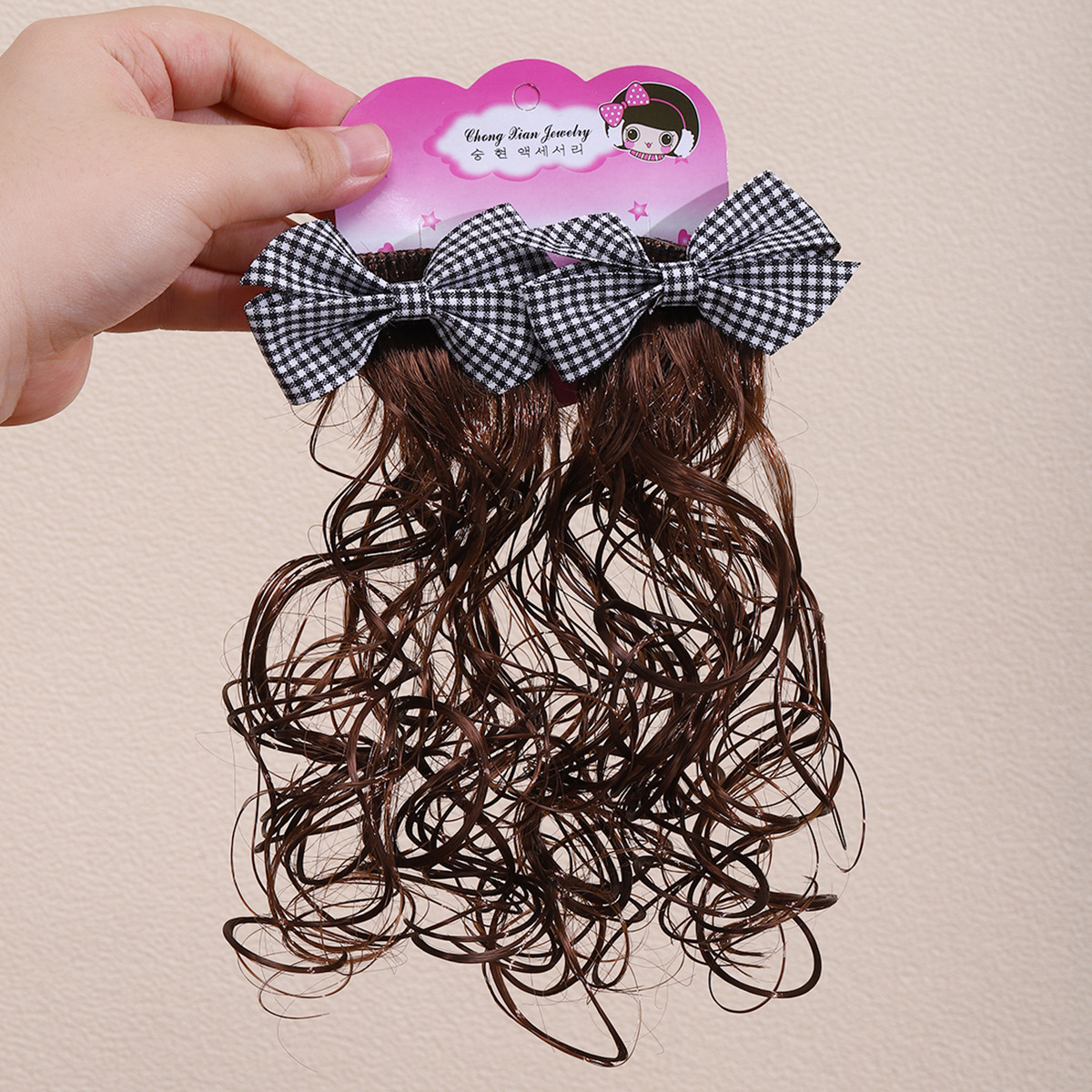 Niños pelucas de cabello trenzas de arco de cuadrícula coreana bola cabeza de cabello de cabello de niñas un par de paquetes