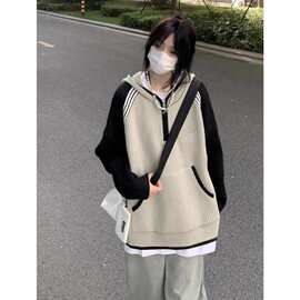 2023国潮春季新款ins复古街头宽松撞色拼条插肩袖连帽针织毛衣潮