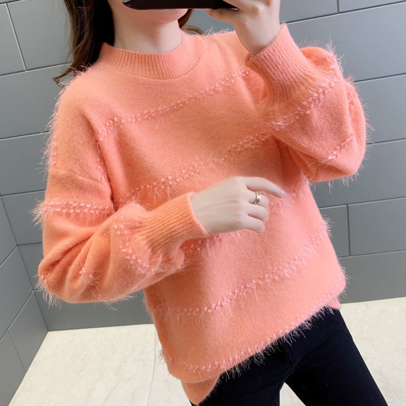 Women's Sweater 2026 Spring and Autumn New Style, Fleece-Lined and Thickened Knit Base Shirt, Loose and Lazy Style with Puff Sleeves, Inner Wear Top Women's Sweater 2026 Spring and Autumn New Style, Fleece-Lined and Thickened Knit Base Shirt, Loose and Lazy Style with Puff Sleeves, Inner Wear Top