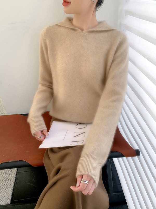 新款2025年秋冬100羊毛七针加厚女连帽针织衫长袖女纯色软糯毛衣|undefined