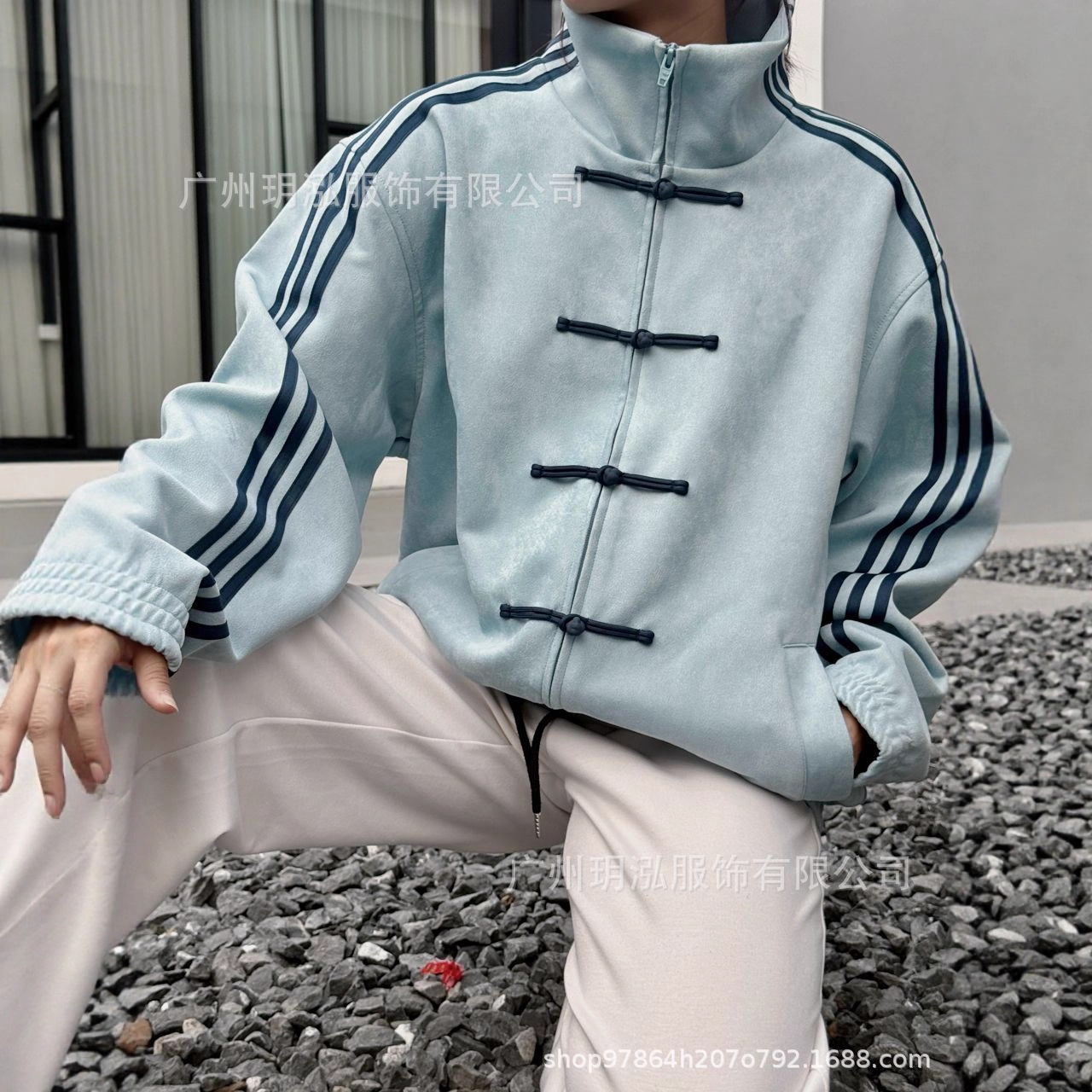 2025 New Color Scheme Blue-Green Casual Patchwork Three-Stripe Stand Collar Jacket Trendy New Chinese-Style Button High-End Tang Suit