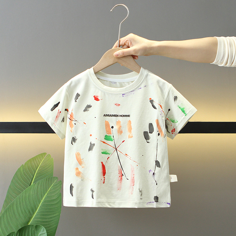 7834 Camiseta de manga corta para niños 2025 nuevo verano para niños moda de verano graffiti de media manga base ropa de bebé