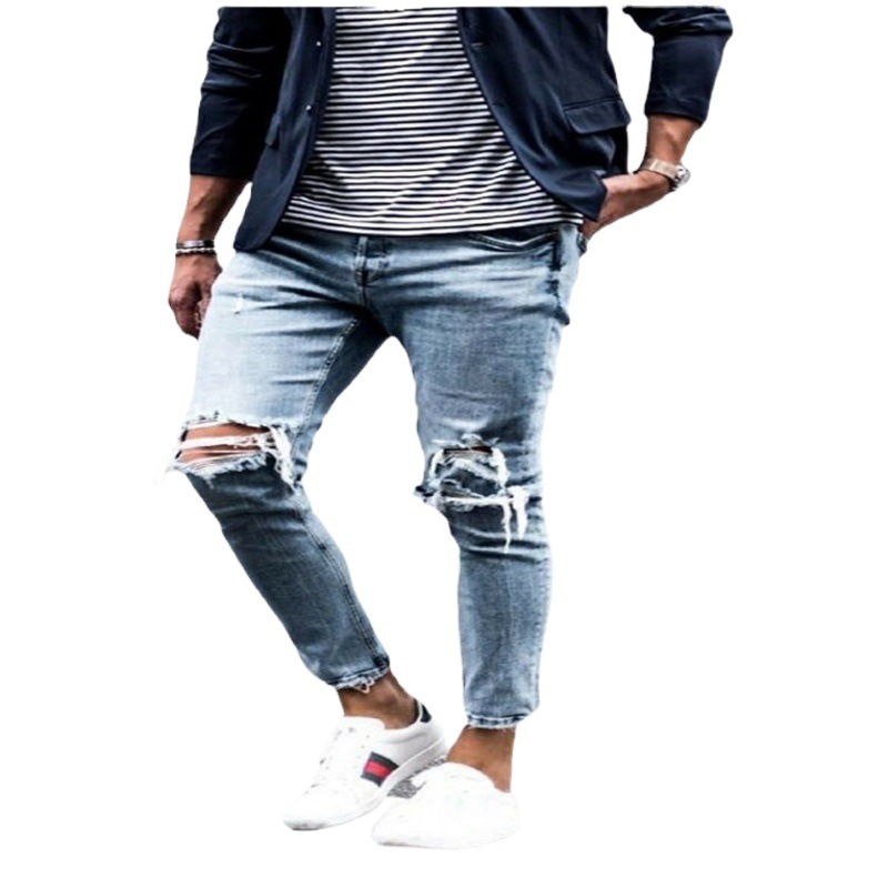 Estación europea pantalones vaqueros rasgados para hombres otoño europeo y americano aspecto adelgazante nuevos pantalones elásticos pantalones de pierna pequeña para hombres estilo moderno