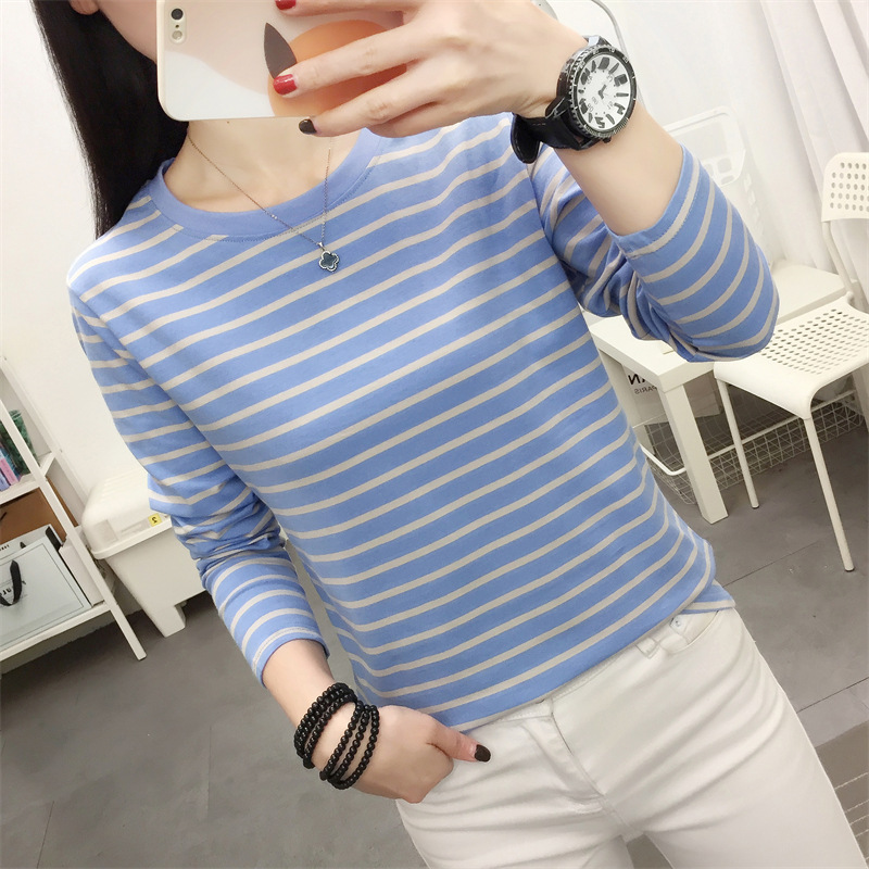 Spring and Autumn Clothes Belly Covering Cotton Top Long-sleeved T-shirt Women's Loose plus size Striped Autumn Clothes Thin Inner Base Shirt