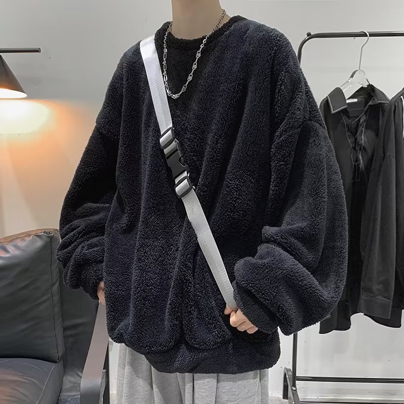 Flannel sweater 2024 autumn and winter new plush sweater men's round neck Korean fashion ins lamb fleece-lined plus Flannel sweater 2024 autumn and winter new plush sweater men's round neck Korean fashion ins lamb fleece-lined plus
