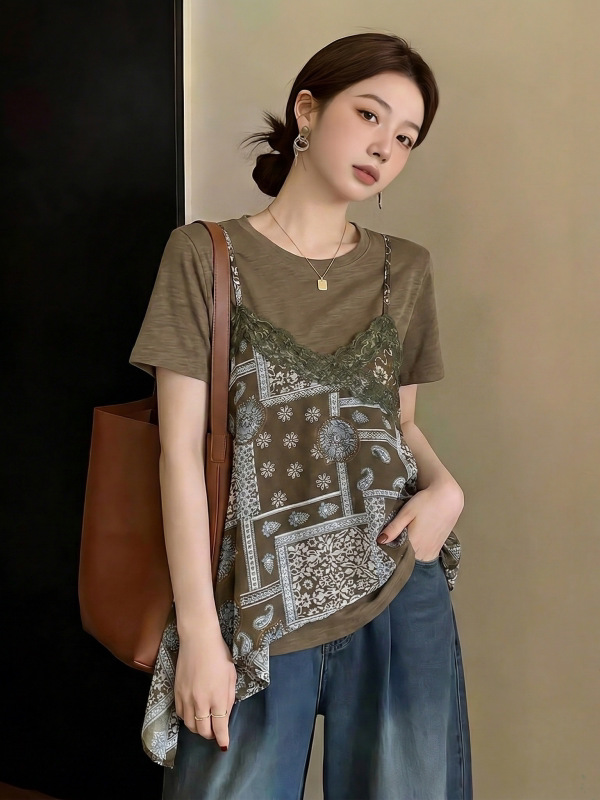 Áo thun nữ tay ngắn phối vest giả hai lớp thiết kế in họa tiết — Cà phê xanh