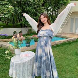 中长款抹胸水墨风吊带连衣裙夏季2024新款复古显瘦套装女