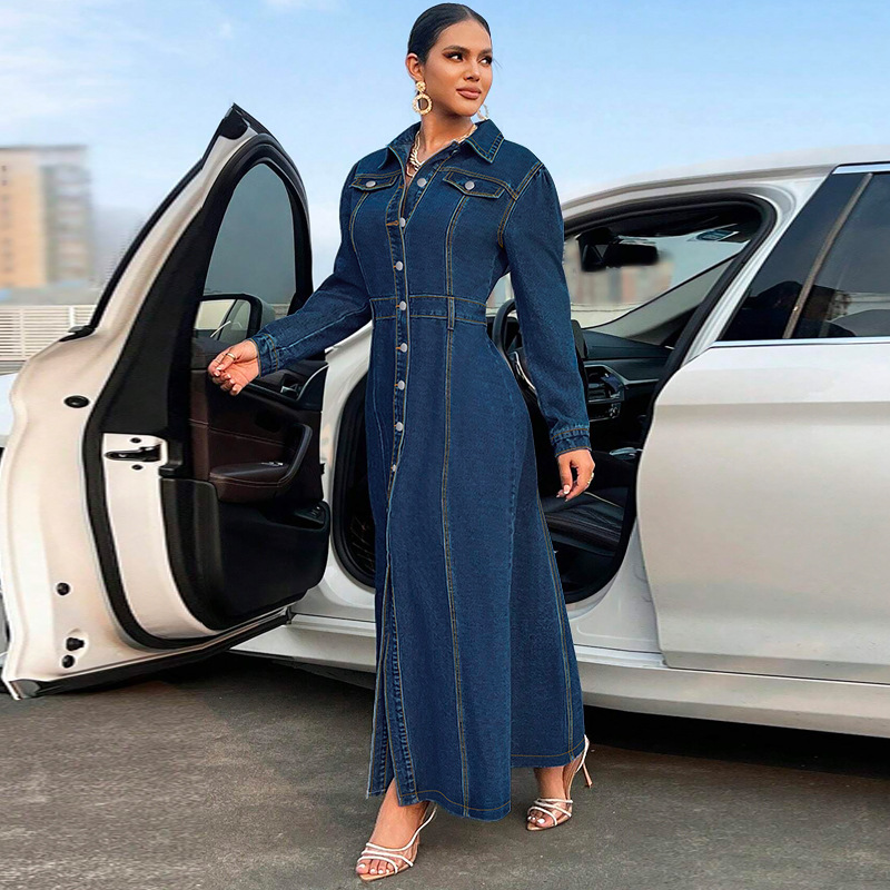 708g Weight Maxi Long Dress Dress Length Type Long Sleeve Sleeve Length Denim Dress Dresses Type Cotton (more than 30%), Denim Fabric Type High Waist Waist Line Holiday, Street Occasion Turndown Neckline Slim Fit Type Solid Color Pattern Spring, Autumn Season Women's Gender Streetwear Style Wholesale Women's Streetwear Solid Color Holiday Street Turndown Long Sleeve Denim Dress 6