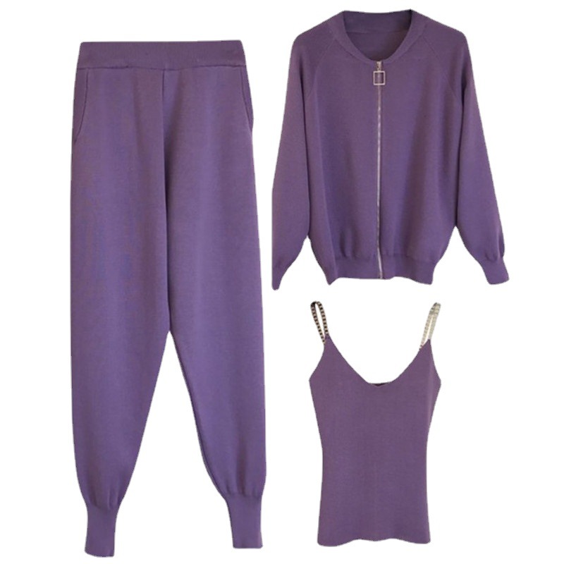 Damenbekleidung Strickanzug neue Weste Jacke Fuß elastische Hose modischer dreiteiliger Anzug_voghion.com