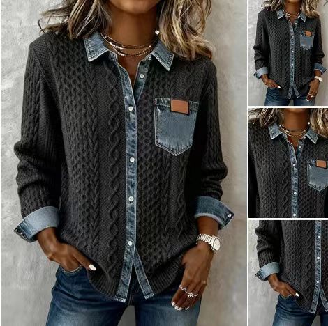 2025 New European and American Style Knitted Splicing Denim Shirt Women's Autumn and Winter Fashion Versatile Long-Sleeved Cardigan Jacket
