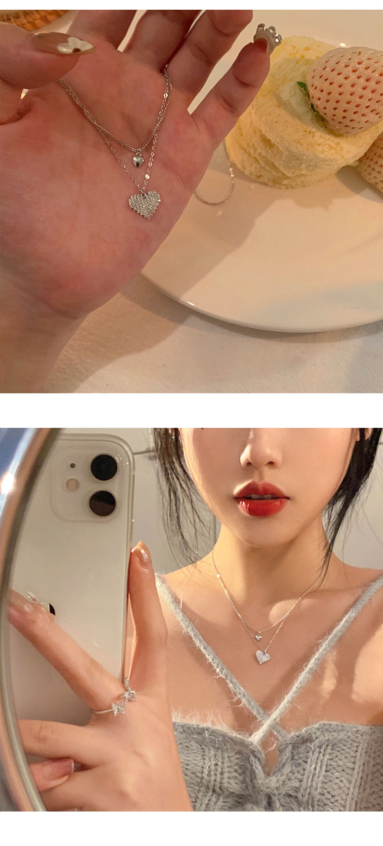 Copper Material Heart Shape Pattern Ig Style Elegant Korean Style Heart Shape Copper Double Layer Necklaces