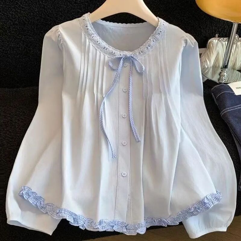 2026 Spring New Korean-Style Design Pleated Ruffle Lace-Up Sweet and Elegant Ruffle Shirt for Women