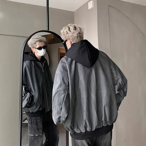 European and American hip-hop faux two-piece jacket men's spring/autumn trendy brand edgy hooded baseball uniform bomber jacket leather jacket