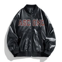 美式复古2025秋冬男式皮衣logo刺绣设计高级感翻领男女情侣棒球服