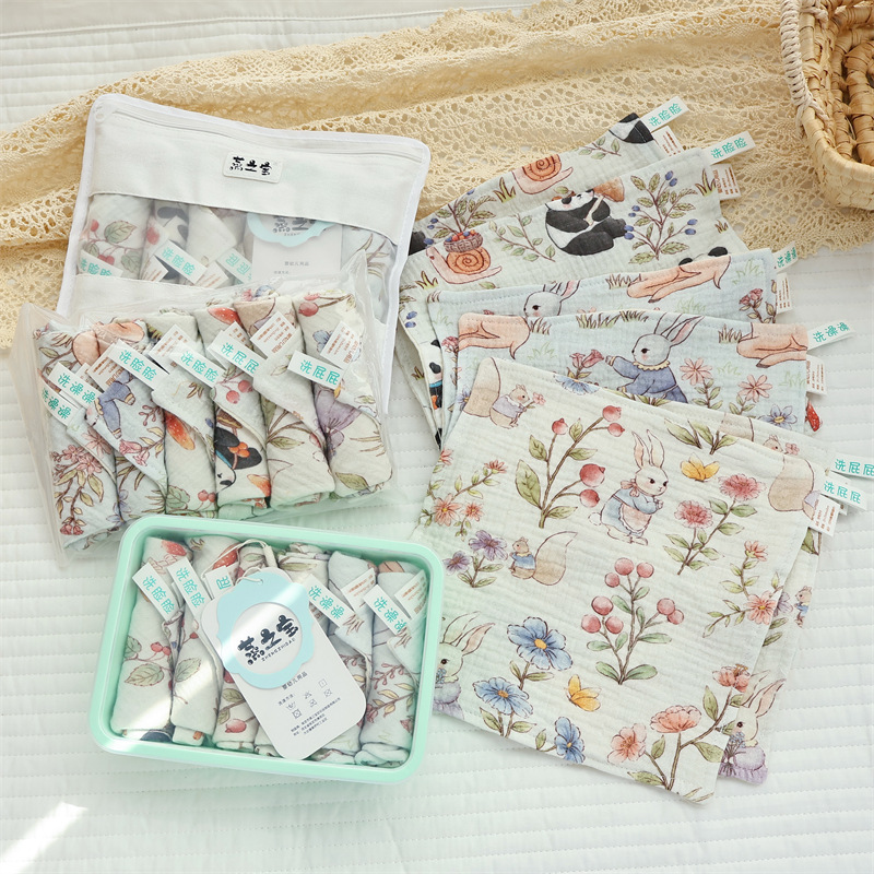 [Six Pack] Cotton Crepe Square Scarf Classification Baby Gauze Small Towel Gift Box suit Baby Slipper Towel