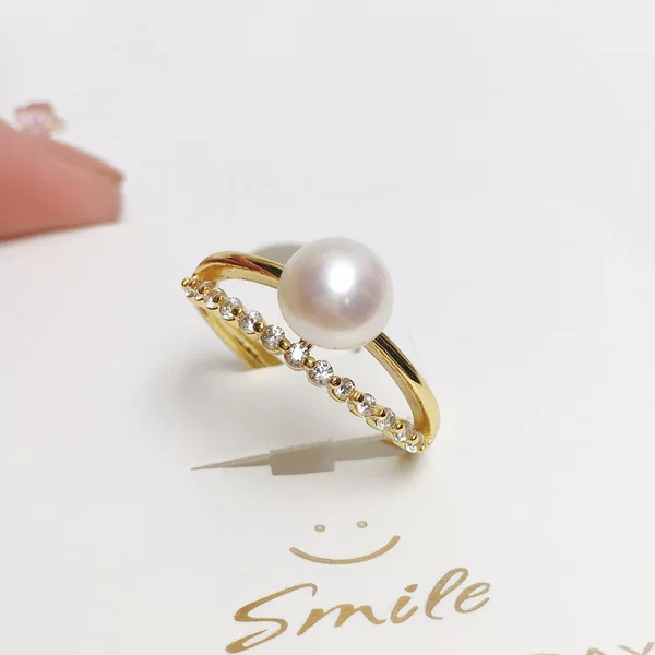 New Style Freshwater Pearl Single-Row Zircon Ring for Women, 925 Silver Adjustable Versatile White Copper Gold-Plated Light Luxury