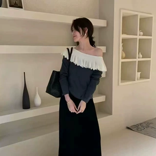 法式撞色一字肩细羊毛针织衫毛衣女 早秋新款不规则气质露肩上衣