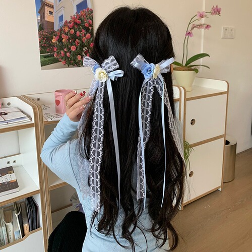 Sweet and cute ribbon bow hair clip double ponytail clip with flowing ribbon braid hair pin forehead clip for young girls, Japanese and Korean hair accessories