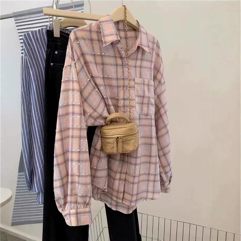 Korean Style Casual Pink Plaid Shirt for Women 2026 Spring/Summer New Design Niche Turn-Down Collar Long-Sleeve Top Outerwear Jacket