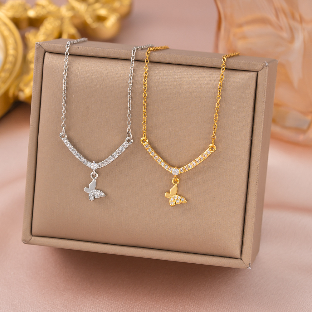 森系甜美微笑流苏蝴蝶微镶满钻项链女生精致轻奢新款高级感锁骨链