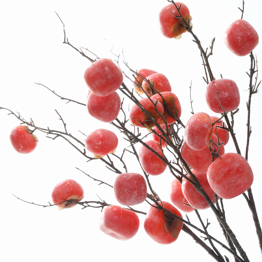 7果仿真干枝柿子 红果子家居装饰假柿子果树枝软装花艺瓶花假花果