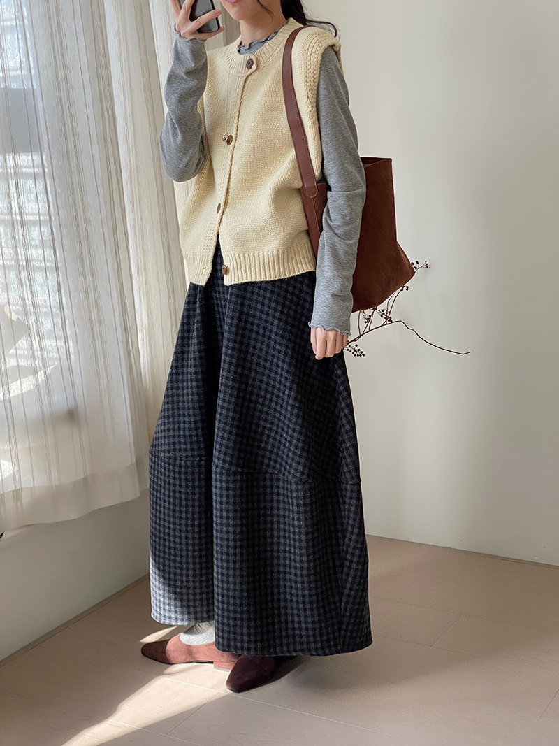 つぼみスカート3.0! レトロ40ウール格子スカート女性文芸森系毛ロングスカート2135-2
