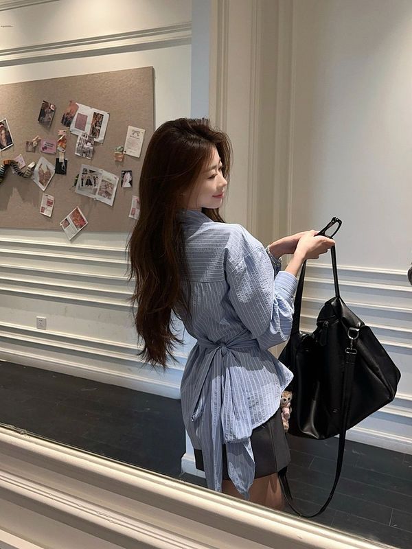 两件套装女休闲系带收腰交叉翻领衬衫女早春条纹衬衣独特别致上衣|undefined