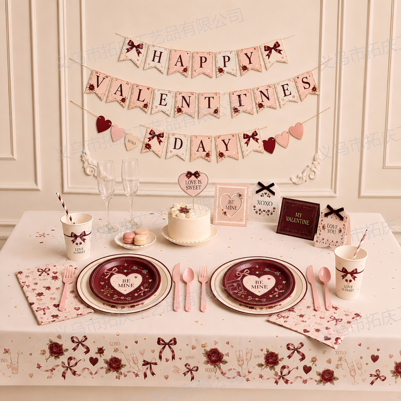 Wine Red Bow Valentine Party Tableware Set Disposable Paper Plates and Cups Holiday Tableware Set Wine Red Bow Valentine Party Tableware Set Disposable Paper Plates and Cups Holiday Tableware Set