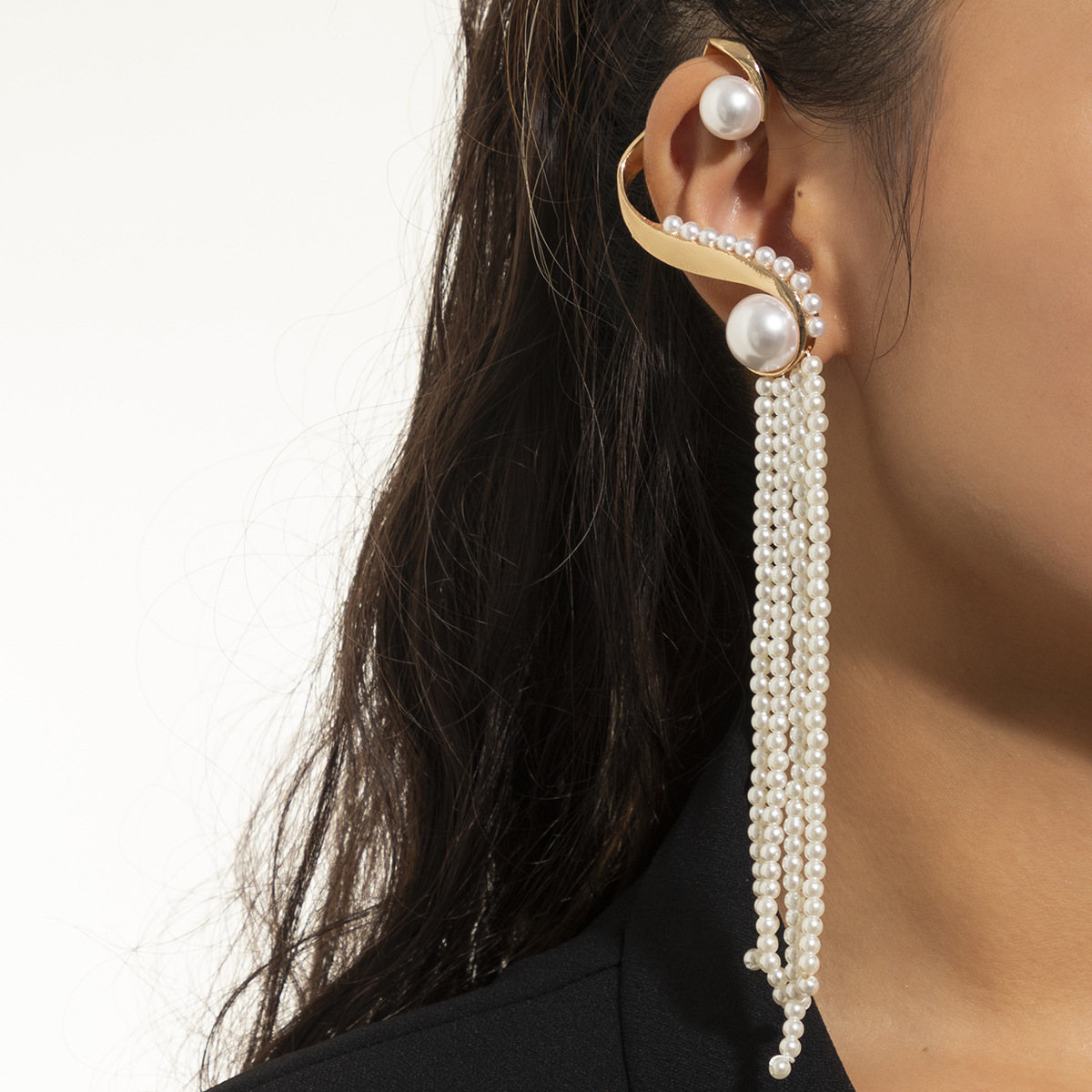 欧美跨境饰品 复古设计感珍珠长款流苏耳钉 气质金属S形耳骨夹女