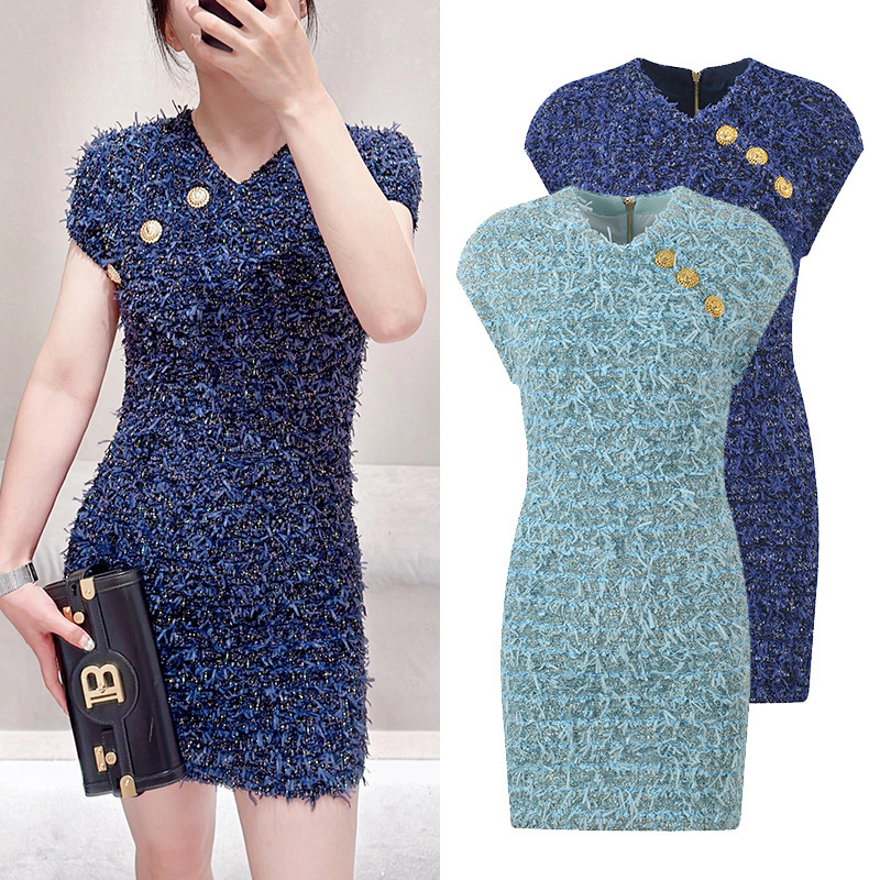 2025 French Socialite Style Fashion Tassel Tweed Light Luxury Metal Buckle Round Neck Bodycon Short Dress