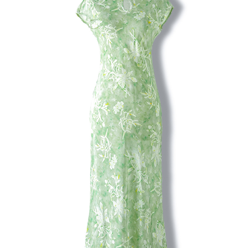 Beautiful New Chinese-Style Qipao for Women, Green Printed Stand-Collar Short-Sleeve Mid-Length Dress, Everyday Young Style Silk Dress for Summer