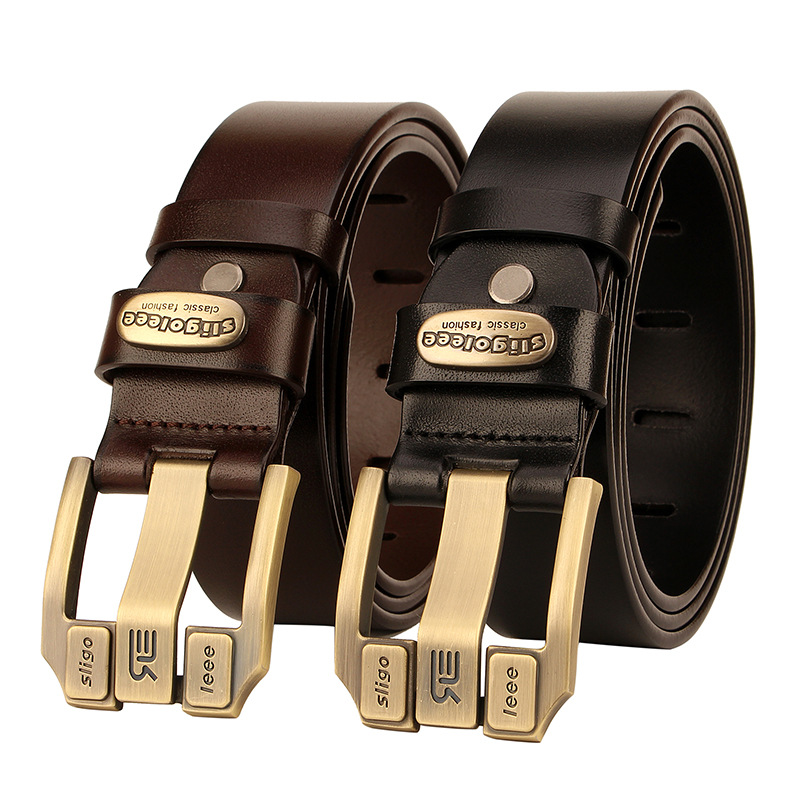 Flat pin buckle belt men's leather top l...