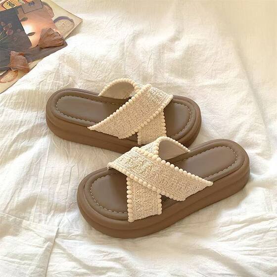 Ins-style Non-slip Beach Cross Slippers Thick Bottom Heightened Slippers Women's Outfit 2025 New Summer