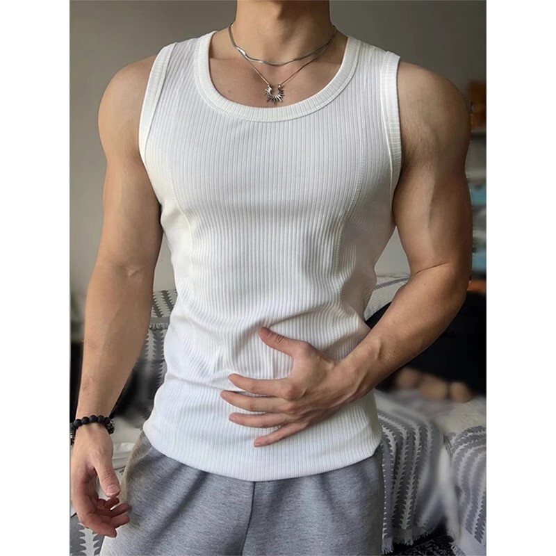 White Thick Threaded Waistcoat Vest Men's Summer Slim Fit Sleeveless T-Shirt American Fitness Sweatshirt