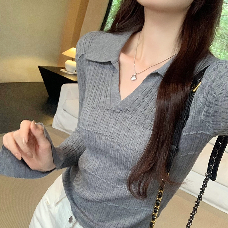 polo领喇叭长袖白色针织打底衫女新款入秋高级感穿搭修身显瘦上衣|undefined